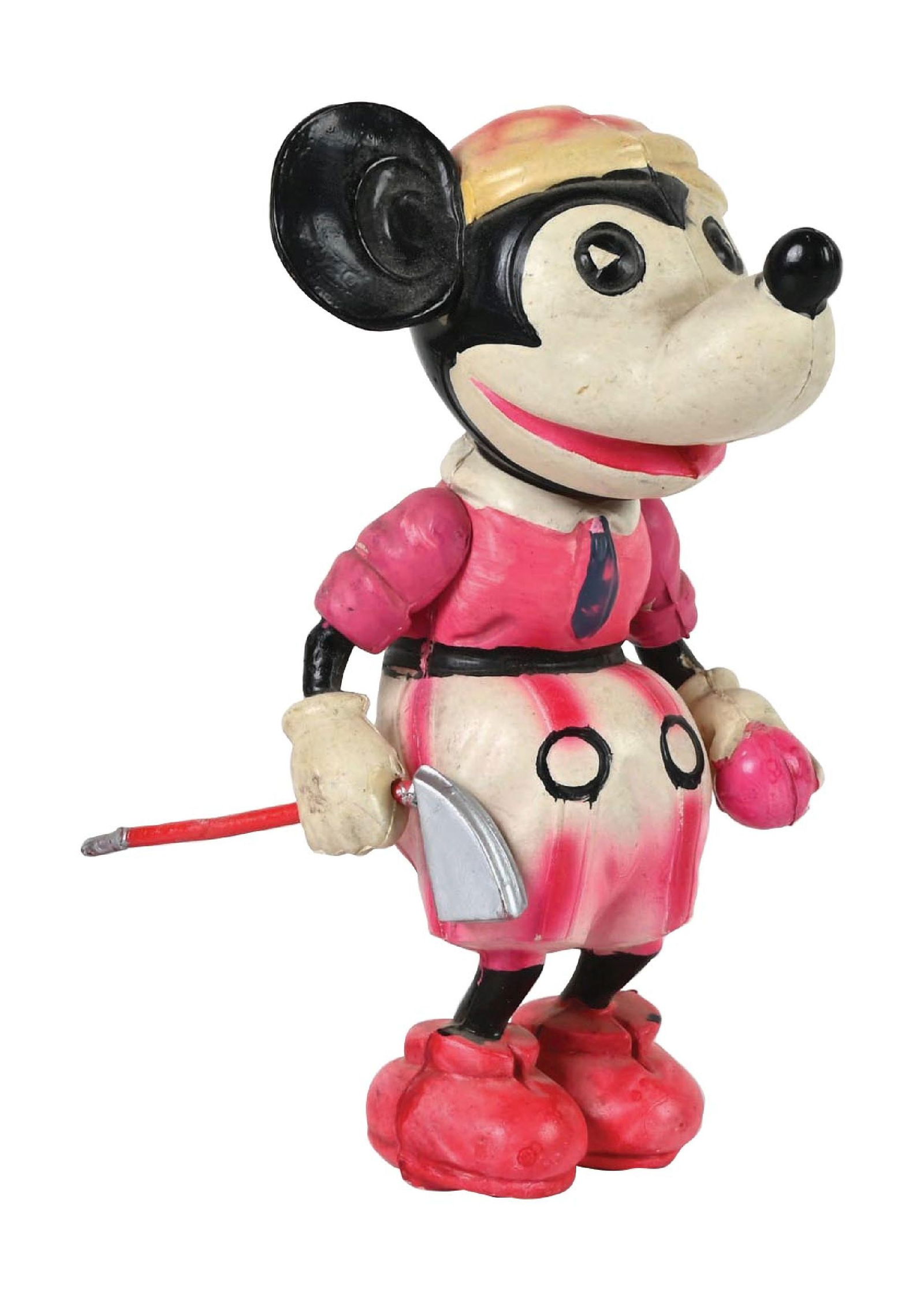CELLULOID MICKEY MOUSE: An unlicensed Mickey Mouse holding golf club. Nicely done, but has stripes on pants like most unlicensed Walt Disney toys. Little wear. Condition: (Excellent). Dimensions: 3 - 1/4" x 5 - 5/8".