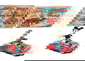 LOT OF 2: WALT DISNEY TIN LITHO & PLASTIC LINEMAR CHARACTER DRIVING TOYS W/ ORIGINAL BOXES: (A) A mechanical Donald the Driver, all tin litho with tin litho arm and bobbing head. (B) A Mickey the Driver tin litho car with plastic figure and plastic waving arm. Nice Disney characters lithogra