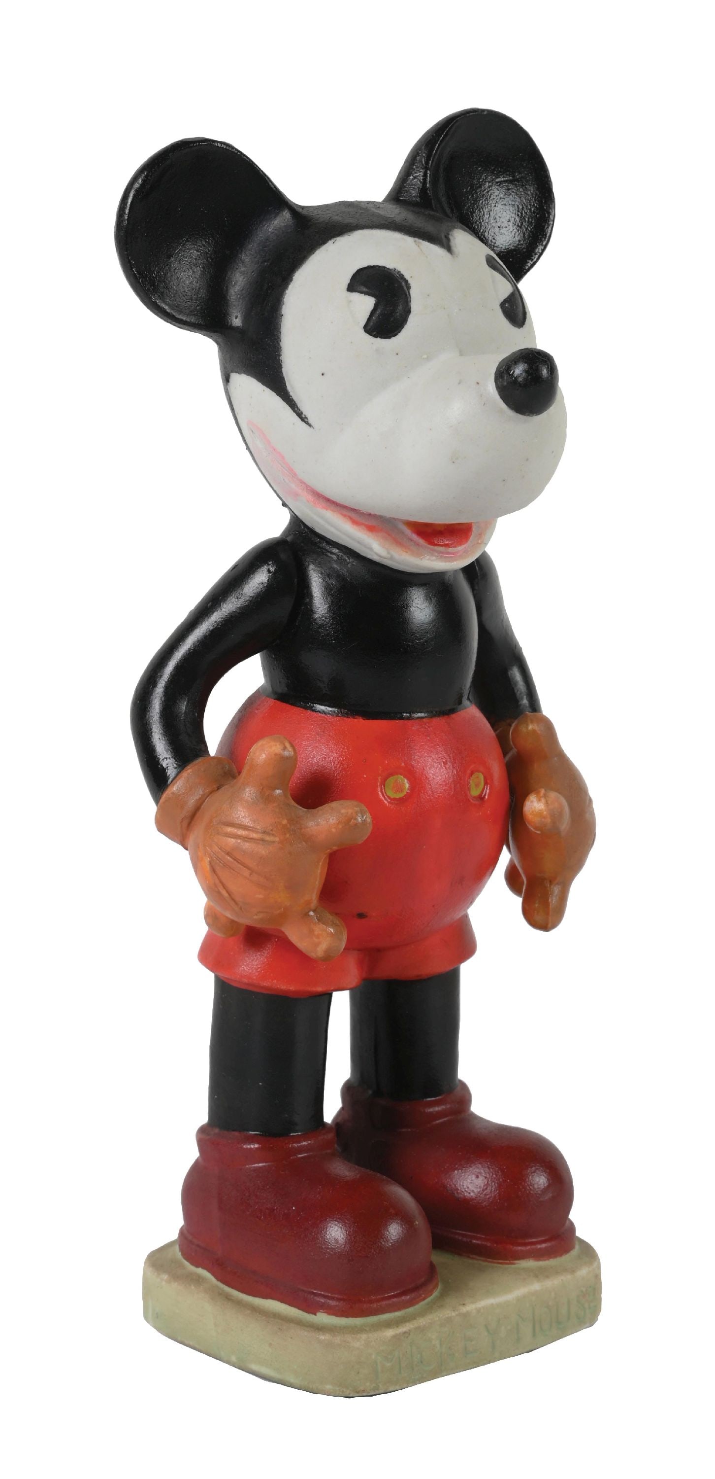 WALT DISNEY MICKEY MOUSE BISQUE FIGURINE: C. 1930s. Probably the largest Mickey Mouse Bisque figure reproduced. Marked "Made in Japan" on the back, and "Mickey Mouse" on the front of the base. It has the original Mickey Mouse by Walter E. Dis