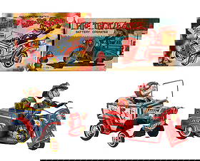 LOT OF 2: 1950S JAPANESE TIN LITHO BATTERY-OPERATED VEHICLE TOYS IN ORIGINAL BOXES: Vinyl and tin litho. (A) A Nutty Mads car. Made by Marx, and made in Japan. (B) A scarce Fire Tricycle toy. Made by T.N. Namoura Japan. Very little wear. Slight creasing to boxes. Condition: (Very Goo