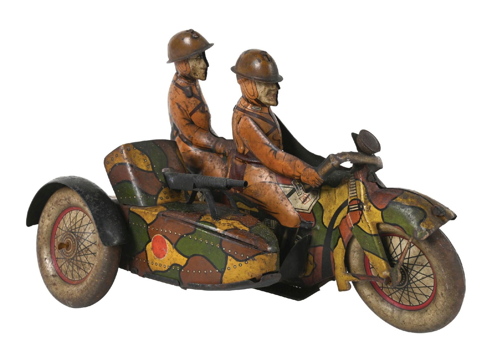 SCARCE PRE-WAR JAPANESE TIN LITHO MOTORCYCLE W/ SIDECAR TOY: Double-rider motorcycle with sidecar and machine gun. Marked "MT" for Modern Toys. Has original headlight, usual pre-war Japanese pitting to litho, and red sun mark on sidecar. Mechanism needs to be r