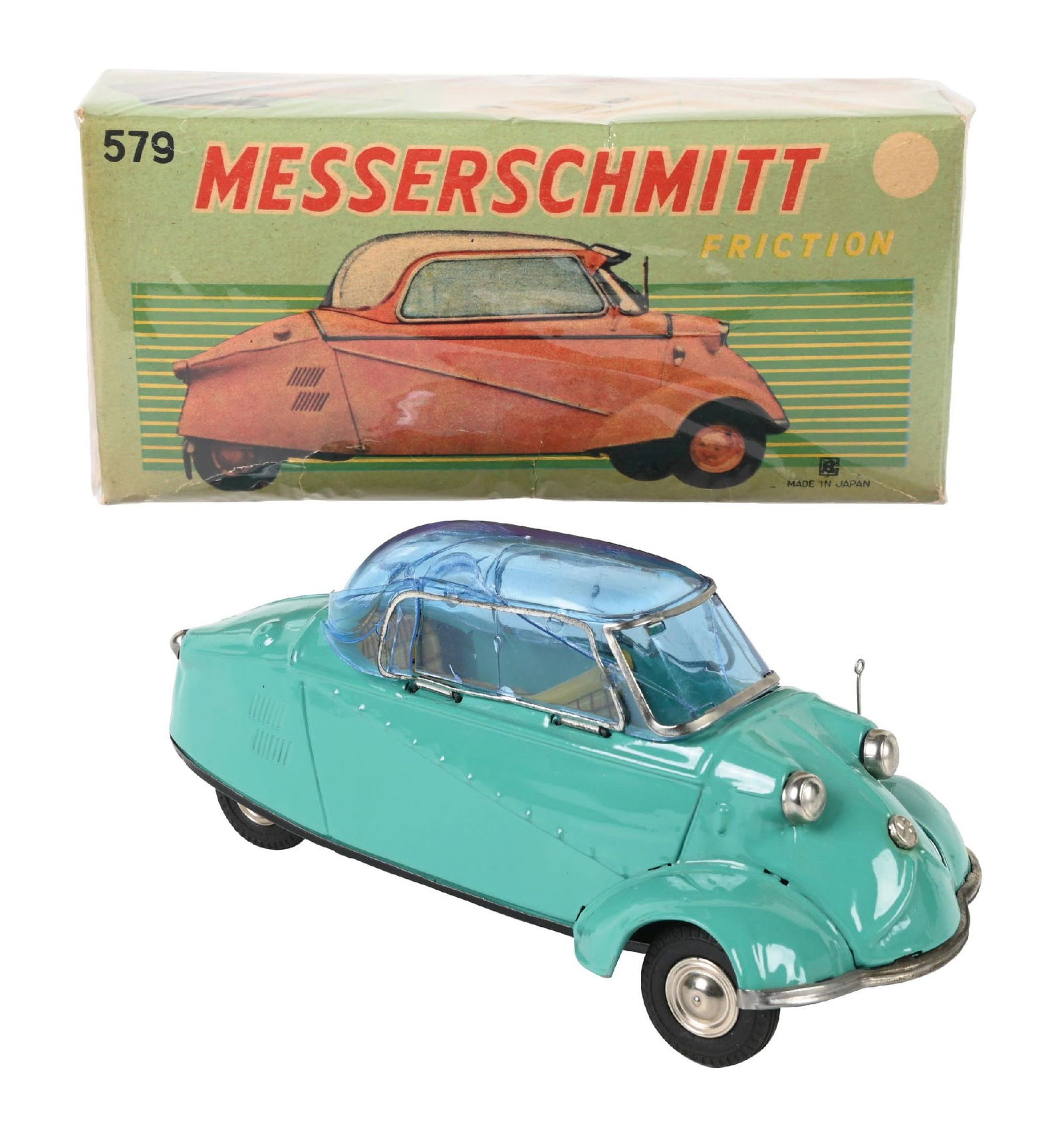 BANDAI JAPANESE TIN LITHO FRICTION WIND-UP MESSERSCHMIDT CAR WITH ORIGINAL BOX (1 of 3)