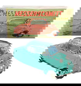BANDAI JAPANESE TIN LITHO FRICTION WIND-UP MESSERSCHMIDT CAR WITH ORIGINAL BOX: Original box looks complete. The green litho car with friction mechanism has original bubble top in plastic. The top has some damage. The car has very little wear. Condition: (Very Good). Dimensions: