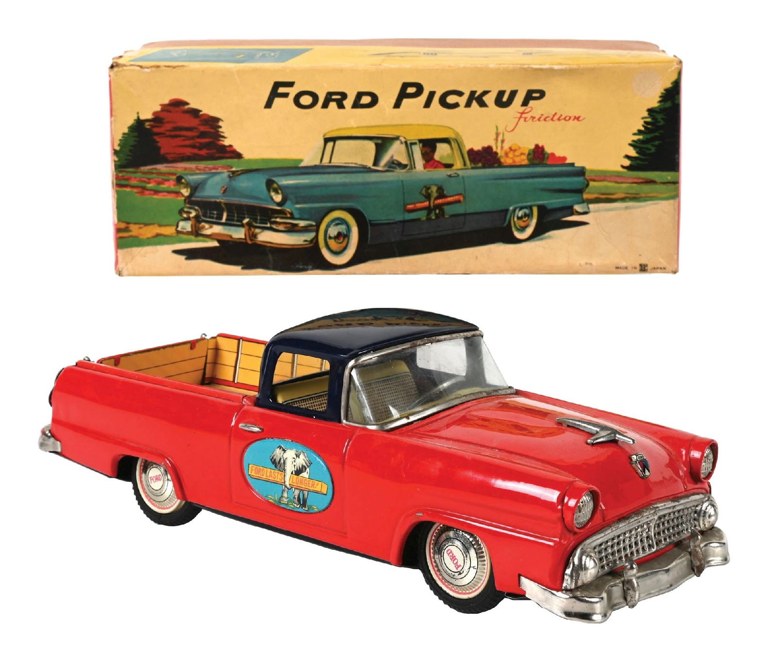 JAPANESE TIN LITHO 1950S FRICTION FORD PICKUP TRUCK W/ ORIGINAL BOX (1 of 3)