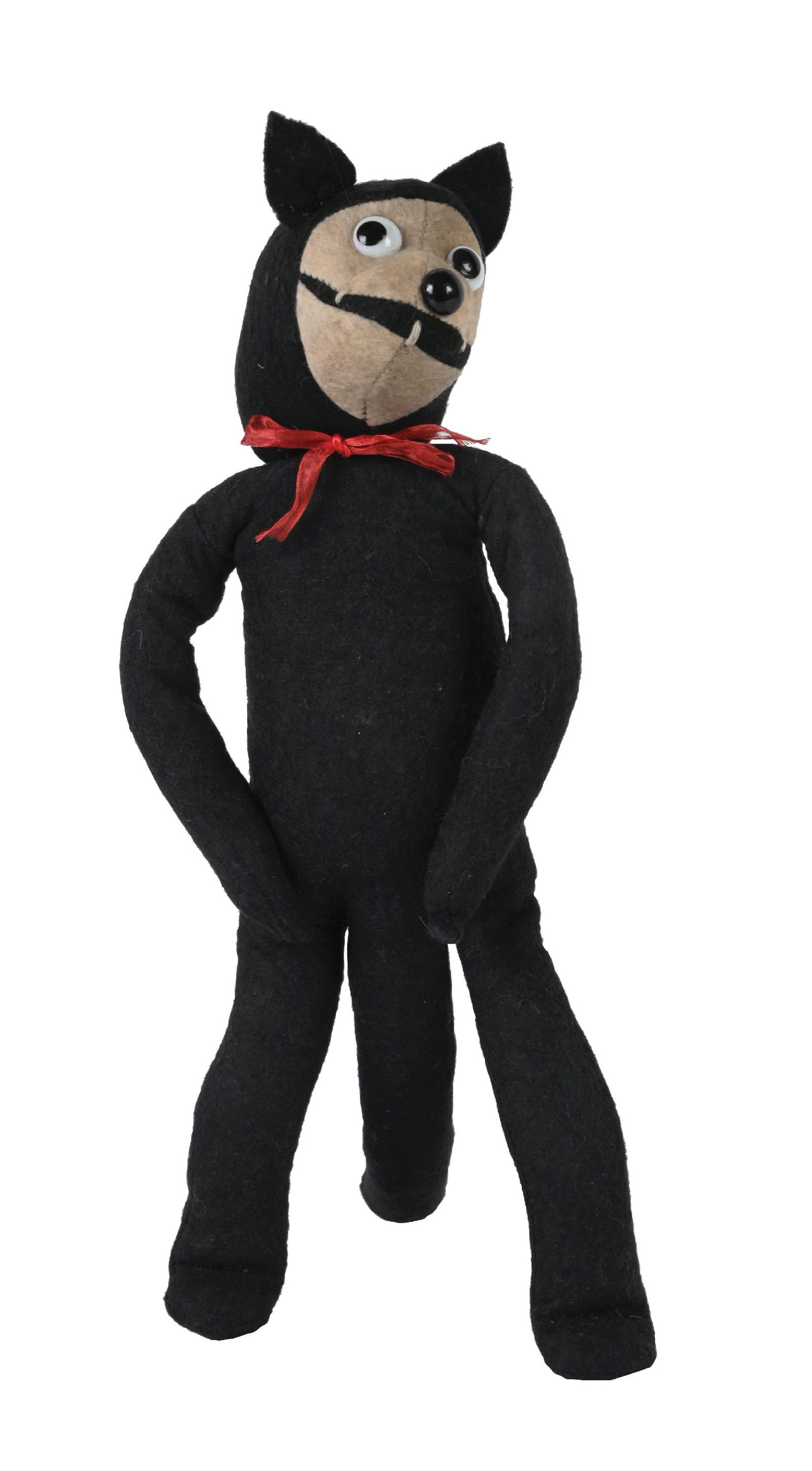 SCHUCO STUFFED FELIX THE CAT TOY DOLL: Identified by the previous owner as having been made by Shuco, c. 1922. He is a one-piece black felt-covered body, with a white felt face to enable the assemblage of various features such as eyes, nos