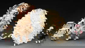 LOT OF 3: ASSORTED VINTAGE ALL BISQUE DOLLS: All three dolls range in sizes. (A) The largest is an elaborate swivel neck, all Bisque immaculately costumed to resemble a French Bisque Bebe or good quality closed-mouth Kesner. She has inset glass