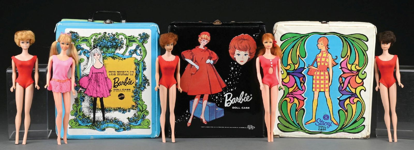 LOT OF 3: STACY, PJ, AND BUBBLES IN VINTAGE BARBIE TRAVELING CASES, EACH WITH CLOTHING & ACCESSORIES (1 of 2)
