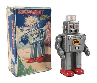 ORIGINAL JAPANESE TIN LITHO BATTERY-OPERATED SMOKING ROBOT W/ ORIGINAL BOX