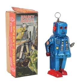 SCARCE JAPANESE TIN LITHO WIND-UP SPARKY ROBOT W/ RARE DETECTIVE BOX
