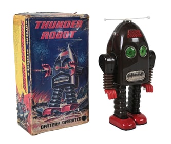 ORIGINAL JAPANESE TIN LITHO BATTERY-OPERATED THUNDER ROBOT W/ ORIGINAL BOX