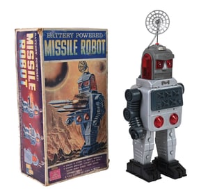 JAPANESE TIN LITHO & PLASTIC BATTERY-OPERATED ALPS MISSILE ROBOT W/ ORIGINAL BOX