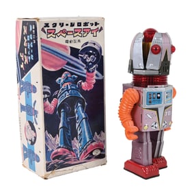 JAPANESE TIN LITHO BATTERY-OPERATED TULIP HEAD ROBOT X-70 IN ORIGINAL BOX