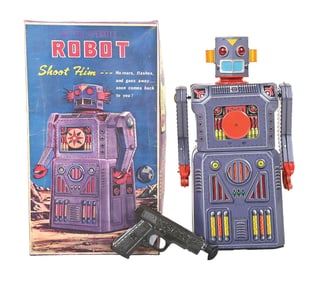 SCARCE JAPANESE MODERN TOYS TIN LITHO BATTERY-OPERATED GAME OF 5 TARGET ROBOT