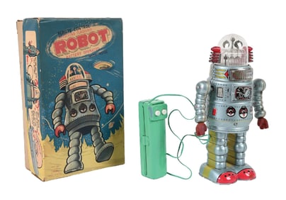 JAPANESE TIN LITHO BATTERY-OPERATED DOOR ROBOT W/ ORIGINAL BOX