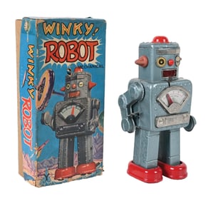SCARCE JAPANESE TIN LITHO WIND-UP WINKY ROBOT IN ORIGINAL BOX