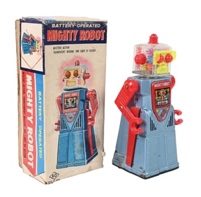 JAPANESE TIN LITHO BATTERY-OPERATED MIGHTY ROBOT IN ORIGINAL BOX