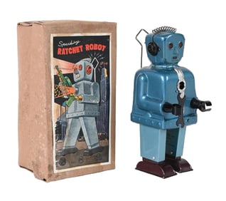 JAPANESE TIN LITHO WIND-UP RATCHET ROBOT IN ORIGINAL BOX