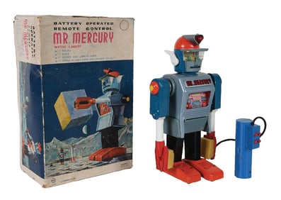 JAPANESE BATTERY-OPERATED REMOTE CONTROL MR. MERCURY ROBOT W/ ORIGINAL BOX
