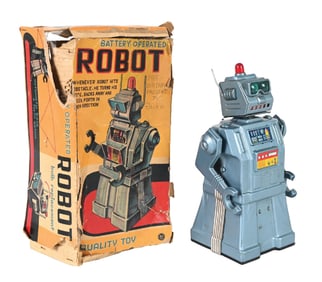 JAPANESE BATTERY-OPERATED TIN LITHO DIRECTIONAL ROBOT W/ ORIGINAL BOX
