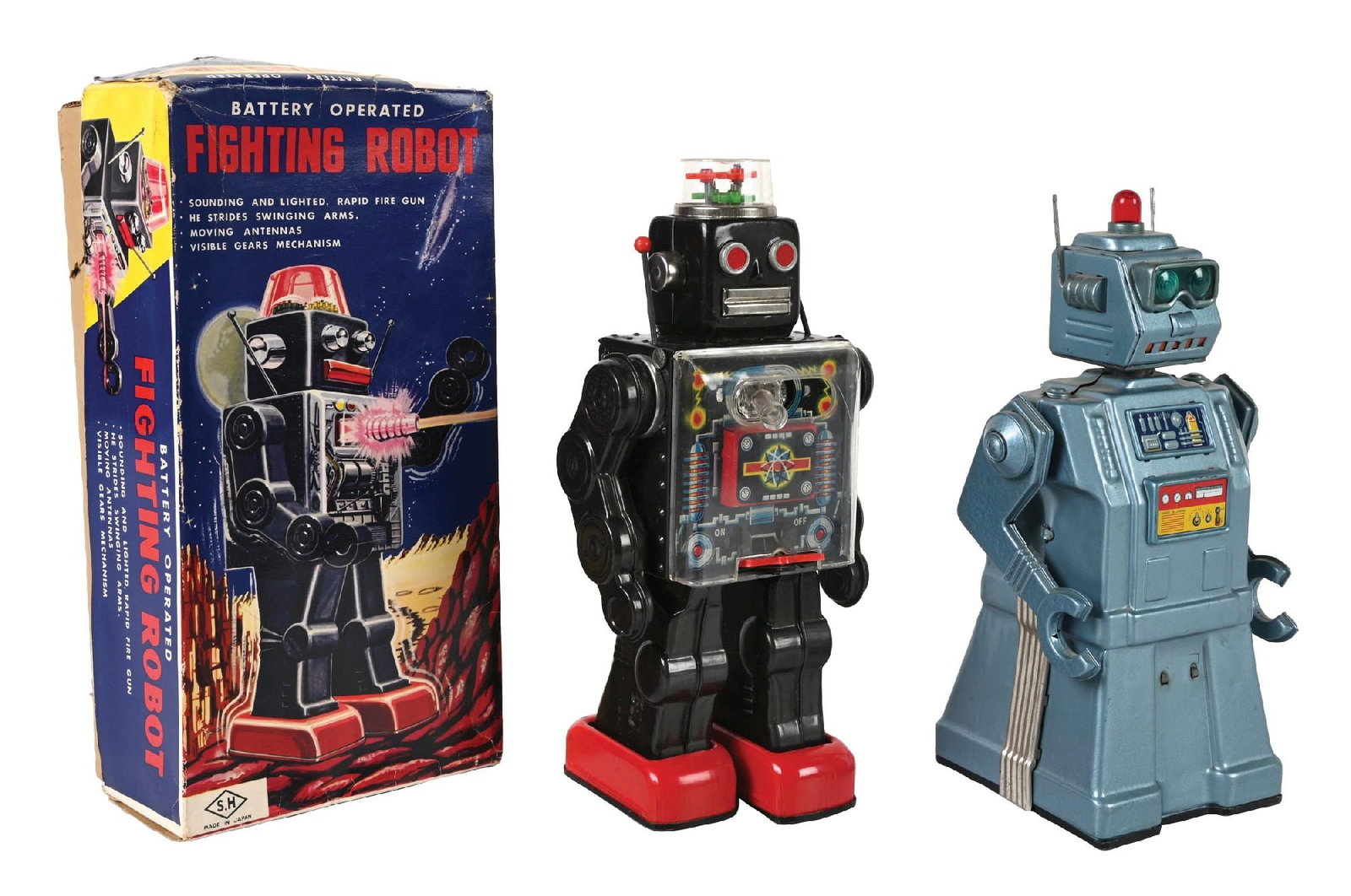 LOT OF 2: JAPANESE BATTERY-OPERATED ROBOTS: (A) A battery-operated S.H Horikawa Fighting Robot. Nice colorful original box. Has clean chest plate and top dome with no cracks. Battery box is clean. Gun in chest. Box has some slight creasing, wea