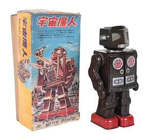 JAPANESE TIN LITHO BATTERY-OPERATED CHEST-OPENING ROBOT BY HORIKAWA