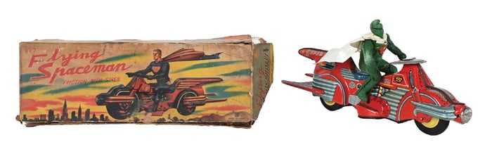 RARE JAPANESE TIN LITHO FRICTION FLYING SPACEMAN CYCLE IN ORIGINAL BOX
