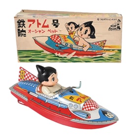 JAPANESE TIN LITHO FRICTION ASTRO BOY BOAT IN ORIGINAL BOX