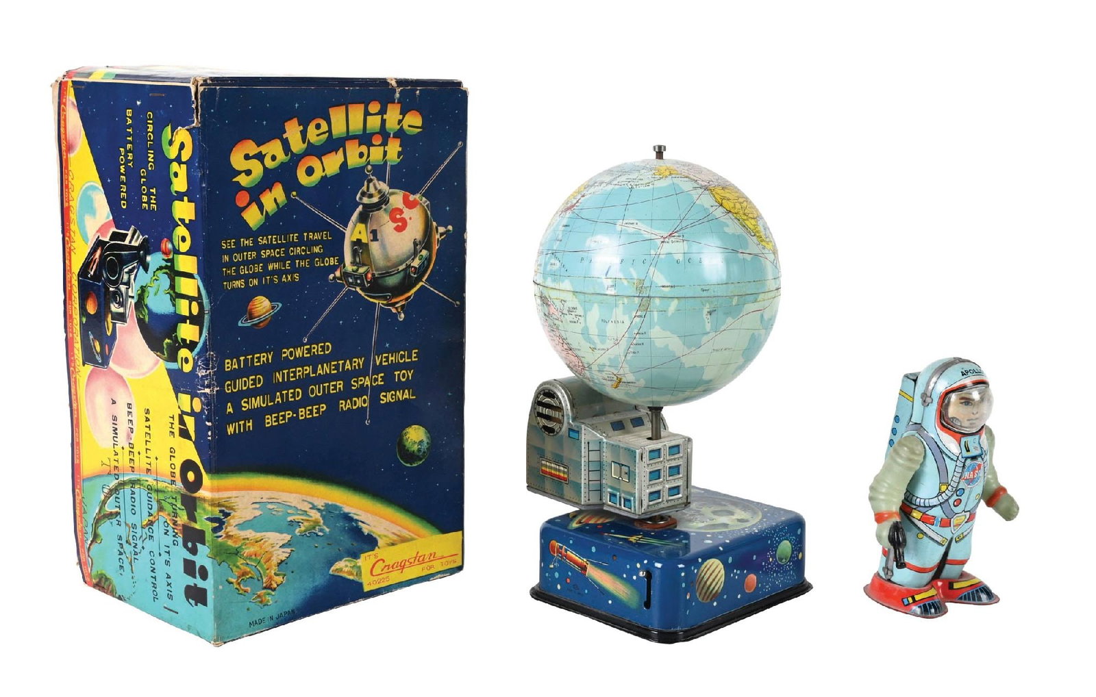 LOT OF 2: JAPANESE TIN LITHO WIND-UP & BATTERY-OPERATED SPACE TOYS: (A) A battery-operated Satellite in Orbit with an original box. Box shows some edgewear, but toy looks unused with an original cardboard insert. Distributed by Cragstan. (B) A Shudo tin litho Apollo A