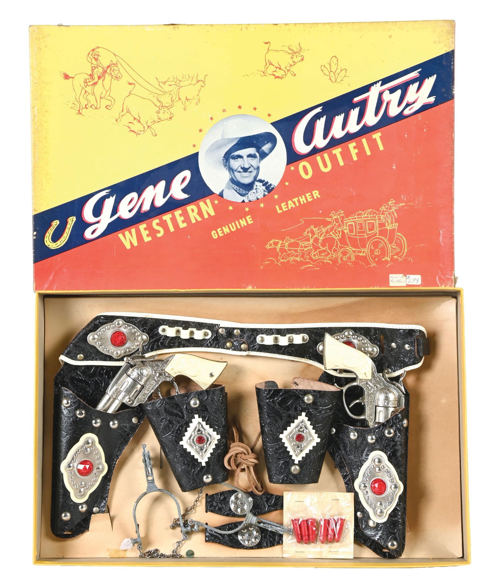 SCARCE BOXED GENE AUTRY WESTERN OUTFIT CAP GUN SET: Beautiful box showing Gene on front. Marked "Western Outfit Genuine Leather". Original price was $6.98. Includes two Leslie-Henry cap pistols, which work and look unfired. Includes spurs, other items