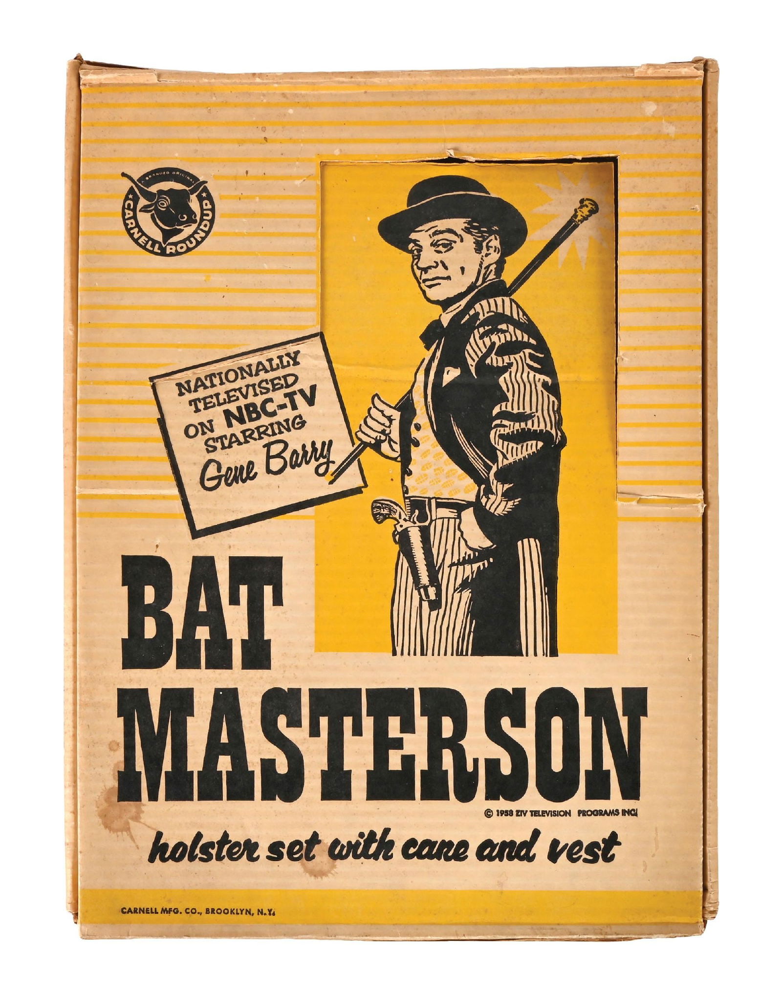 BAT MASTERSON HOLSTER SET W/ CANE & VEST: It has the original box, marked "1958 Ziv Television Programs". Starring Gene Barry. Nice original flip top box, which looks unused. It has gun holster, cane, bullets and belt accessories. Made by Car
