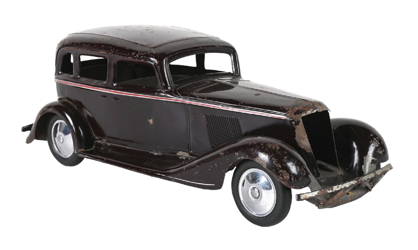 VINTAGE PURPLE PRESSED STEEL TOY CAR: Grille needs to be re-attached. Has some paint loss. Hubcaps have been polished or replaced. Condition: (Good). Dimensions: 20" x 7 - 1/2" x 7".