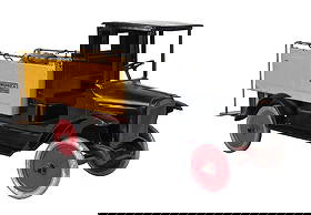 BUDDY "L" ICE TRUCK: This Ice Track has the original canvas back. There are no ice cubes. Has some paint chips and scratches, as well as some rust on the rear step. This is still a very attractive old truck. Condition: Di