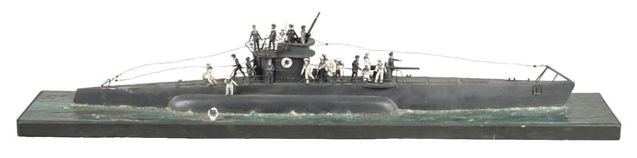 CUSTOM-MADE GERMAN U-BOAT AT SEA MODEL W/ SOLDIER FIGURES IN WOODEN CRATE