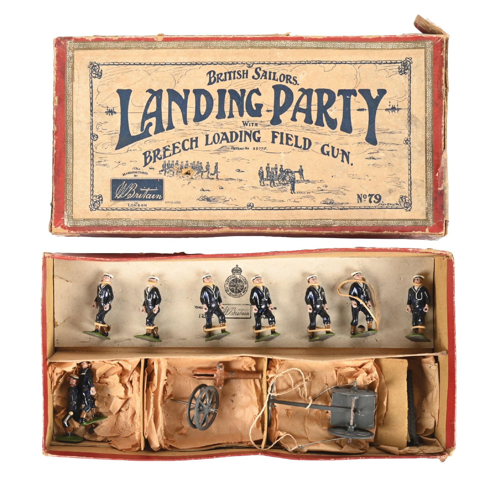 W. BRITAIN'S EARLY PRE-WAR BRITISH SAILORS LANDING PARTY WITH BREECH LOADING FIELD GUN SET NO. 79: Original box. Tie card reads "National Scheme for Disabled Men". 8 Figures and Captain. 10 pieces total. Condition: (Excellent). Dimensions: Box: 12" x 6" x 2".
