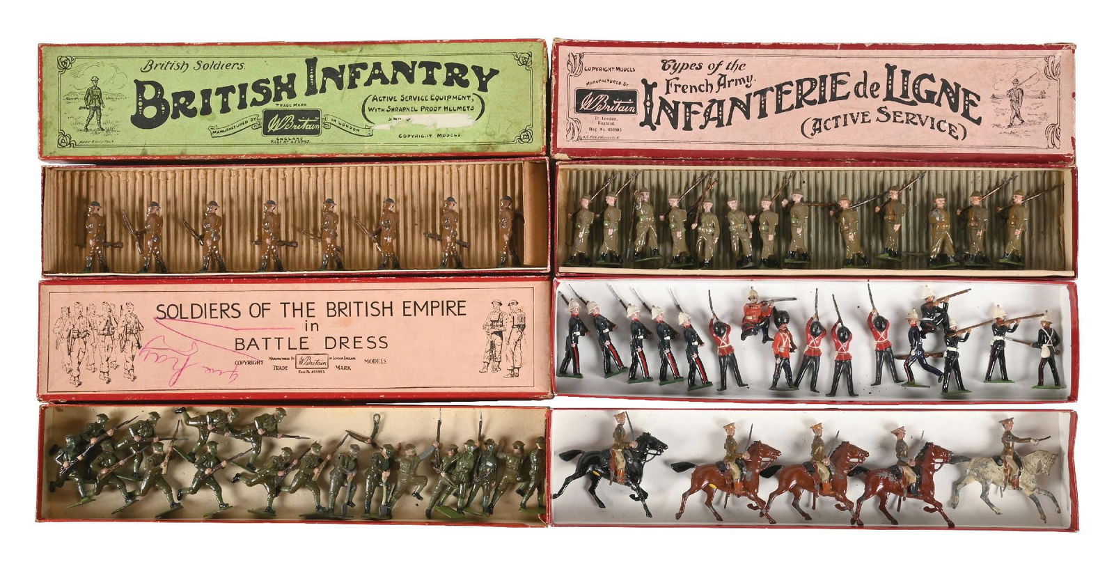 LOT OF 4: BRITAIN'S SETS NO. 192, 1858, 258, 159, & MISCELLANEOUS FIGURES: (A) Combined Pre- and Post-war Set No. 192. Pre-war, 6 pieces, very good with box, incomplete. Post-war set, complete, no box. 8 pieces. (B) No. 1858 Infantry Battle Dress. Good to very good figures,