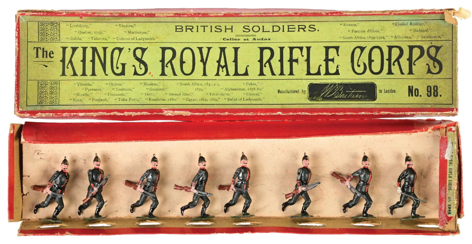 W. BRITAIN'S KING'S ROYAL RIFLE CORPS RUNNING AT THE TRAIL WITH OFFICER SET NO. 98: Round base. No tie card. 4 arms loose, but present, and 1 rifle sling parted. 8 pieces. Condition: (Very Good). Dimensions: Box: 15" x 3 - 1/2" x 1 - 1/4".