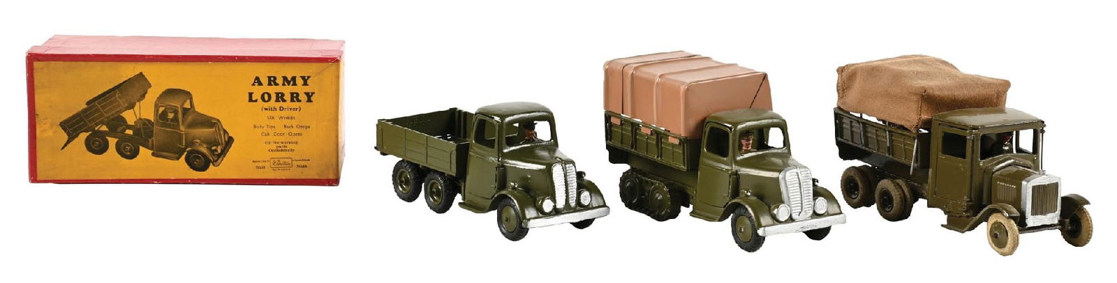 W. BRITAIN'S ARMY LORRIES: (A) Post-war Army Lorry with Driver Set No. 1335, 6-wheel. (B) Army Lorry with Driver Set No. 1433, no box, complete. (C) Pre-war Army Lorry with Driver No. 1335, no box. 3 pieces total. Condition: (V