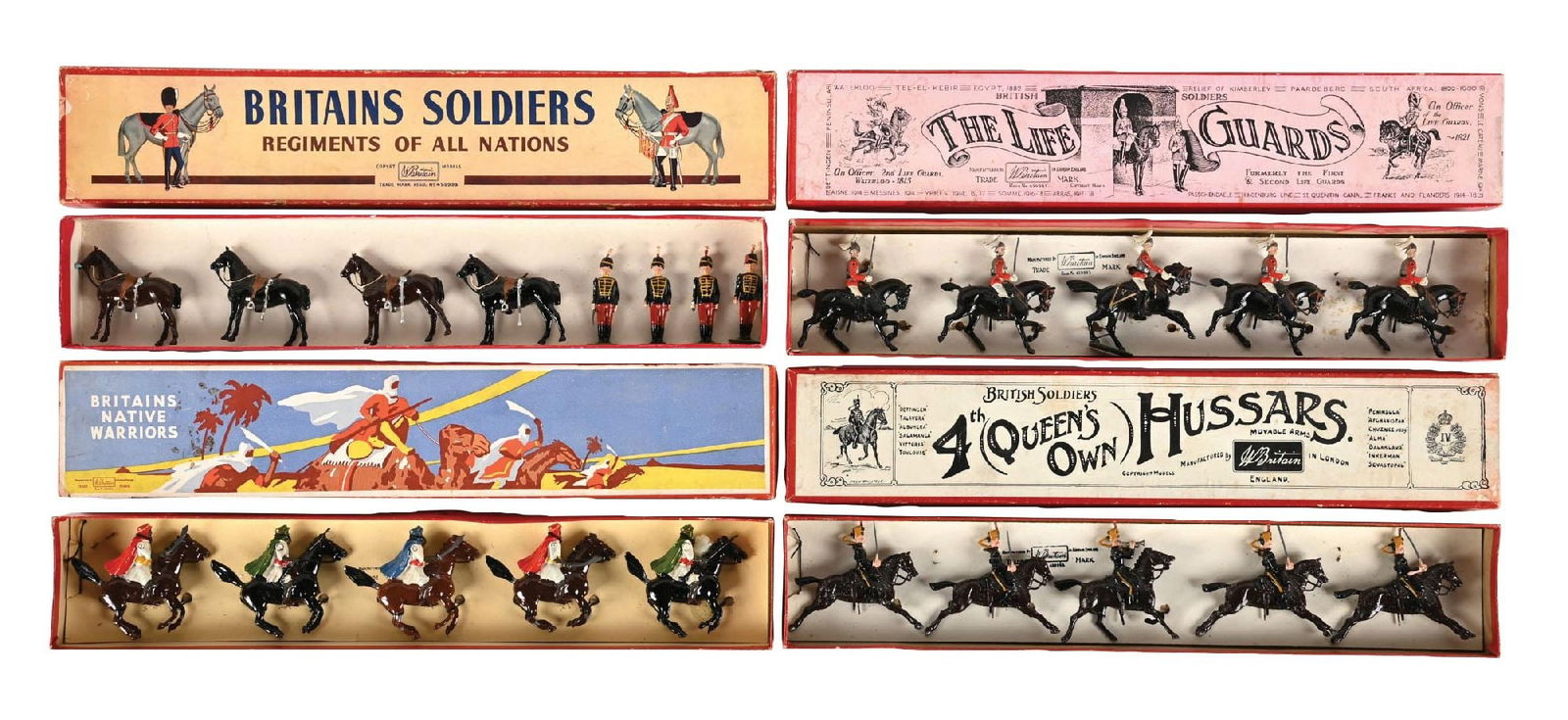 W. BRITAIN'S SETS NO. 182, 164, 1 & 8: (A) Post-war 11th Hussars Price Albert's Own Set No. 182. 8 pieces. (B) Arabs of the Desert Set No. 164, tied in box. 5 pieces. (C) Post-war Life Guards Set No. 1. 5 pieces. (D) 4th Queen's Own Hussar