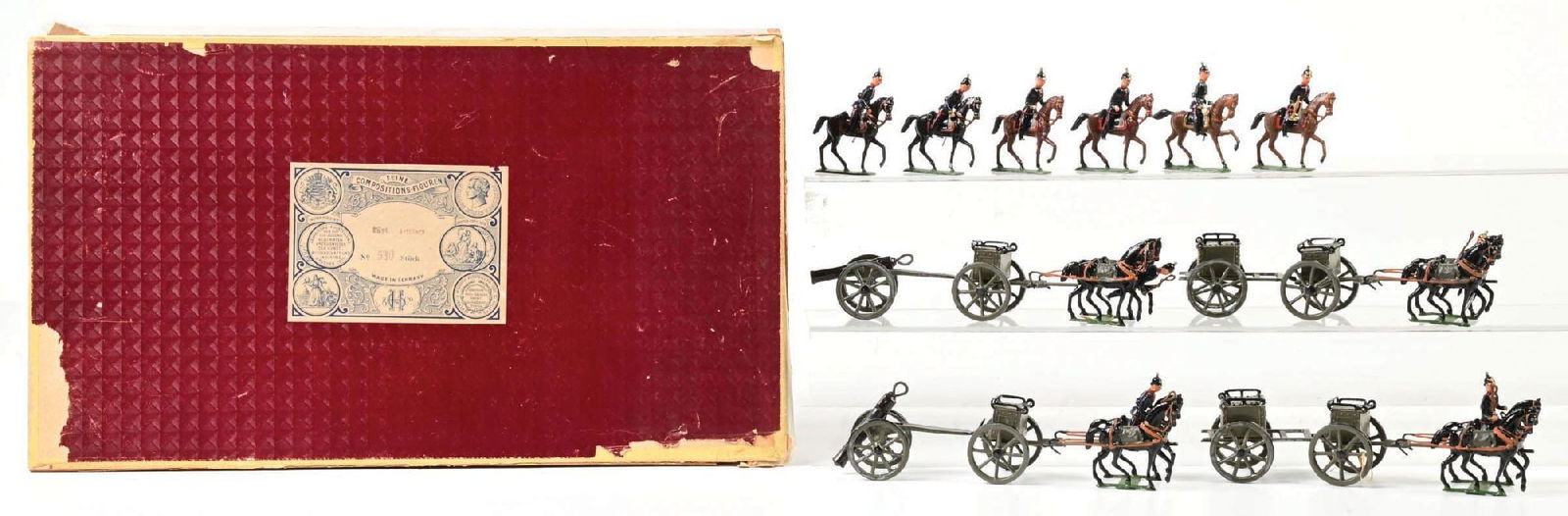 HEYDE ARTILLERY BOXED SET: Imperial German Army Artillery Train with 2 Cannons and Caissons, 2 Ammunition Wagons, and 6 Outriders. In original box with poor condition box top. Figures are very good condition, equipment is excel