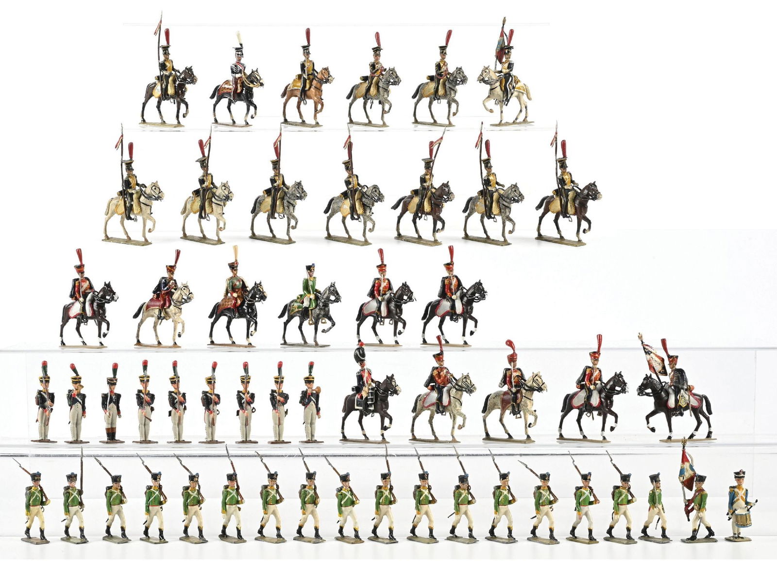 LUCOTTE TOY SOLDIERS: Includes: 6th Hussars with 5 troopers, 1 trumpet and 1 flag, 7 pieces; Flanquers de la Garde, 19 pieces; assorted mounted officers, 3 pieces; Grenadiers Elite, 9 pieces; and Lancers of Vistula, 13 pie