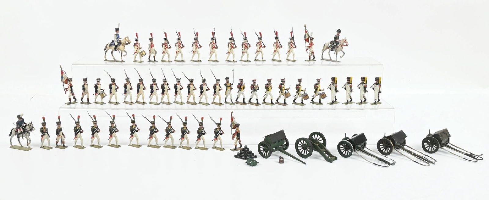 LUCOTTE TOY SOLDIERS: Includes: Artillery parts, 5 pieces; Voltiguers de la Garde, with Bumblebee mark, 12 pieces; Pioneers, 6 pieces and 2 mounted officers; Legion de la Vistule, 14 pieces; Chassuers de la Garde, 12 piece
