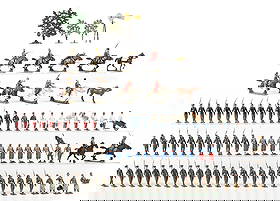 MIGNOT TOY SOLDIER SETS: Mignot British Infantry Marching, excellent in box, 12 pieces; Mignot Work Party, very good to excellent condition, 25 pieces; French contemporary 12-piece set; Serbians, 12 pieces; Moroccans, 12 piec