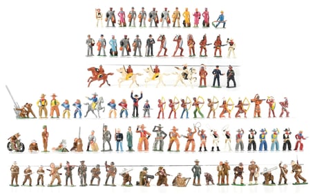 LOT OF 3: AMERICAN DIME STORE, BARCLAY, MANOIL WILD WEST, CIVILIAN & MILITARY ASSORTMENT FIGURE SETS