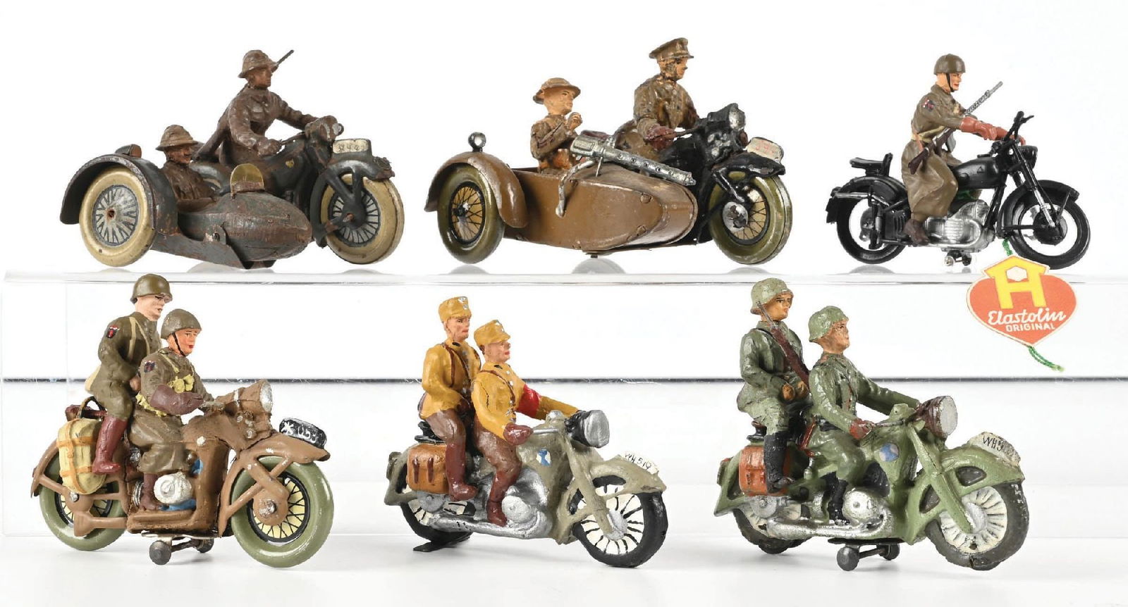 ELASTOLIN & LINEOL MOTORCYCLE CORPS: Includes English side car machine gunner, French Army motorcycle with side car, Wehrmacht Scout Patrol, SS Tandem Motorcycle (contemporary), US Army Tandem Motorcycle, and plastic post-war German Army