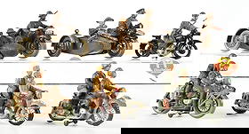 ELASTOLIN & LINEOL MOTORCYCLE CORPS: Includes English side car machine gunner, French Army motorcycle with side car, Wehrmacht Scout Patrol, SS Tandem Motorcycle (contemporary), US Army Tandem Motorcycle, and plastic post-war German Army