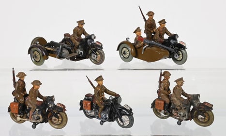 LOT OF 5 ELASTOLIN MOTORCYCLE COMBOS ENGLISH & AMERICAN TROOPS