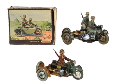 LOT OF 2: ELASTOLIN MOTORCYCLES W/ SIDECARS