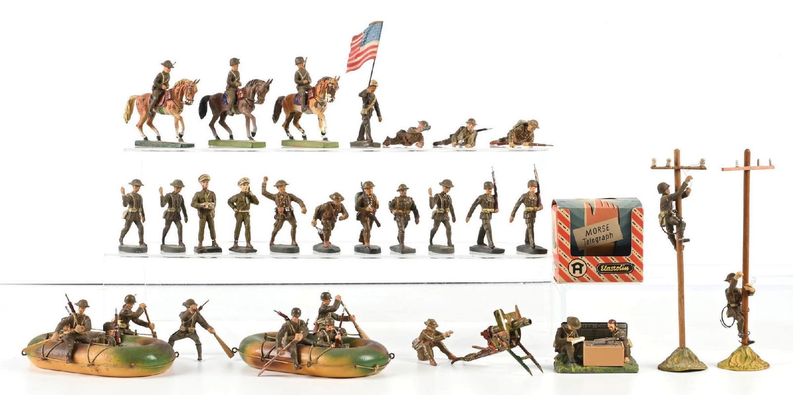 ELASTOLIN US & BRITISH ARMY COMBAT TROOPS: Includes 2 rafts, 2 signal men, 1 Morse Telegraph with box, 3 mounted riders, 1 machine gun crew, and 2 Arnold military police. 34 pieces. Condition: (Very Good - Excellent). Dimensions: Largest: 6 -