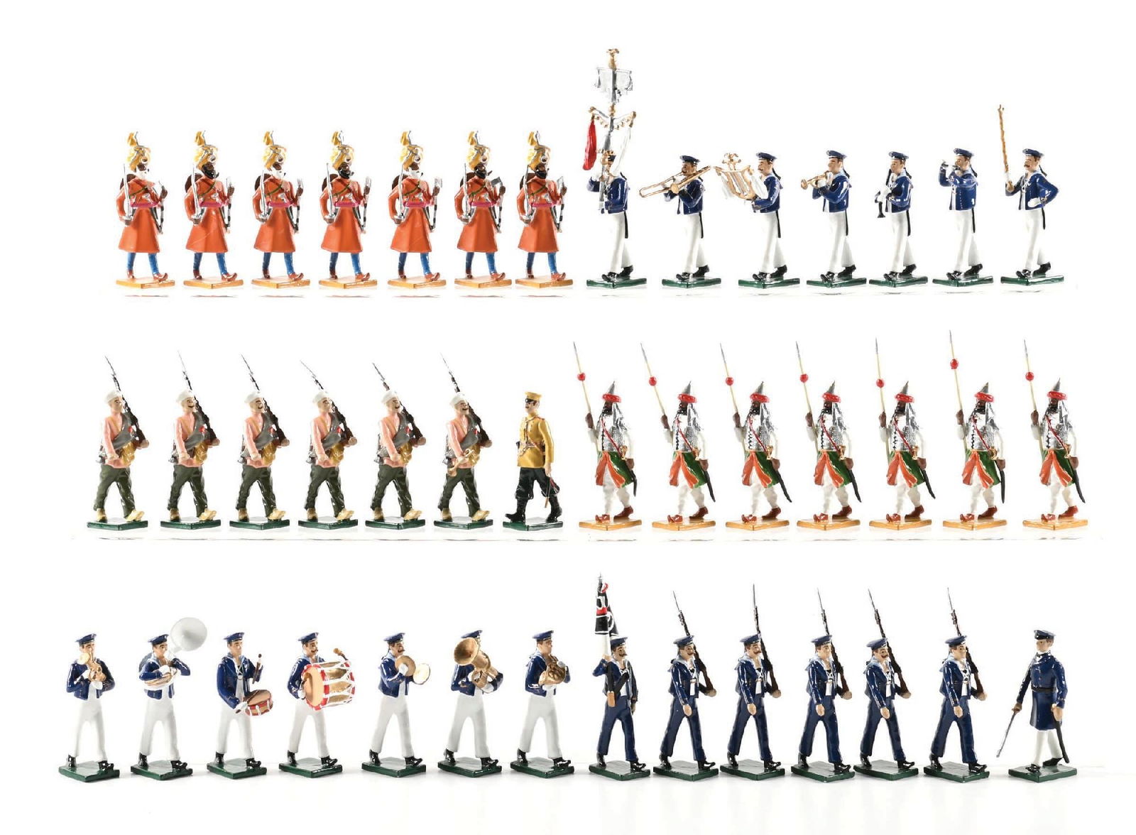 BEAU GESTE SETS NO. 16A, 184, 113, 175, & 169B: (A) Two boxes Set No. 16A German WWI Sailor Band. 14 pieces. (B) Set No. 184 Sikh Warriors. 7 pieces. (C) No. 113 Cutch Spears. 7 pieces. (D) No. 175 Siberian Rifles c. 1904-1905. 7 pieces. (E) No. 16