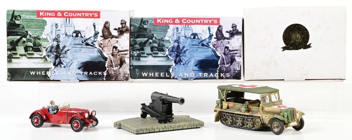 LOT OF 3: KING & COUNTRY VEHICLES & NAVAL CANNON